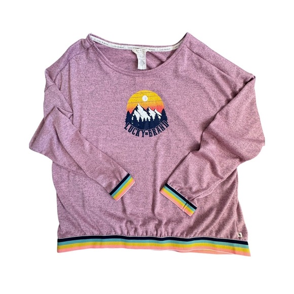 Lucky Brand Other - Lucky Brand Womens Pink Mountain Graphic Lounge Top Rainbow Trim Large NEW